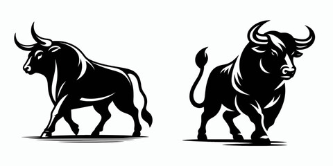 Fototapete - Bull walking forward calm. Retro Cartoon Clipart Silhouette Stock Vector Line Art Illustration. Serene bovine advancement tranquil locomotion steady pace.