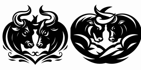 Fototapete - Bull wrestling rival horns. Retro Cartoon Clipart Silhouette Stock Vector Line Art Illustration. Bovine combat contest projection.