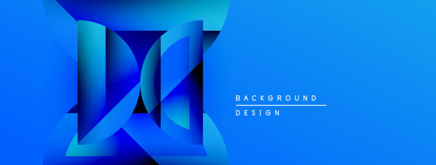 Fototapete - Abstract blue design features layered geometric shapes. Gradient effect creates depth, modern aesthetic. Text reads background design.