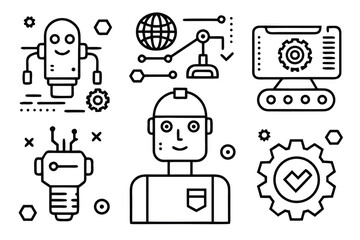 Poster - Minimalist line art icons depicting robots and technology computer