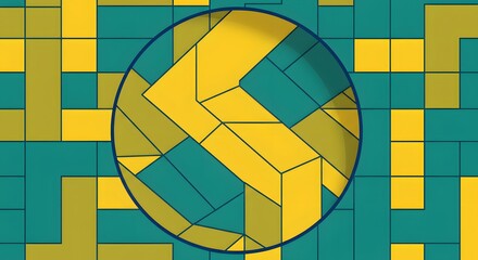 Aufkleber - Abstract geometric pattern with yellow and teal squares and a circle revealing a complex design inside