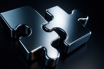 Poster - Interlocking Puzzle Pieces: Two sleek, metallic puzzle pieces fit together seamlessly against a dark background, symbolizing unity, collaboration, and the interconnectedness of ideas.