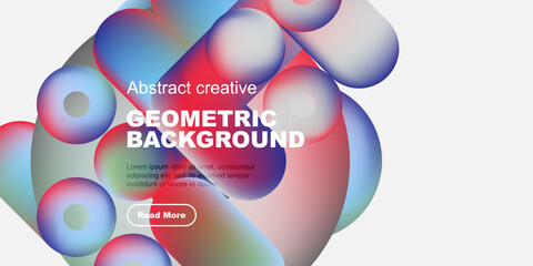 Fototapete - Abstract geometric shapes overlap, creating vibrant colorful background. Text promotes further exploration. Simple design.