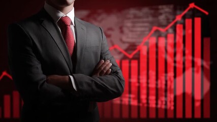 Poster - Business Executive and Bar Graph: A confident business executive stands poised with folded arms, red bar graph in background, embodying the dynamic world of finance, strategy, and success.