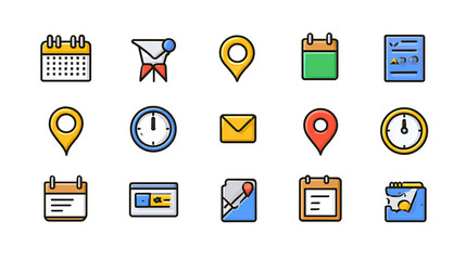 Poster - Calendar, Location pin, Clock icons. Event icon set. Address, time, date symbols vector Stock Vector