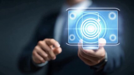 Poster - The Future in Hand: A poised individual engages with a glowing virtual interface, a mesmerizing tableau of innovation and connection, showcasing the endless possibilities of digital interaction.
