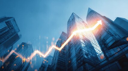 Poster - Ascending Ambition: Illustrating upward financial growth with an arrow soaring towards the sunlit, modern architectural landscape.
