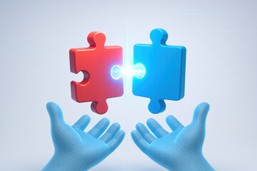 Poster - Connecting Elements: Two puzzle pieces, one red and one blue, are held aloft by a pair of hands. The image represents collaboration, cooperation, and unity.