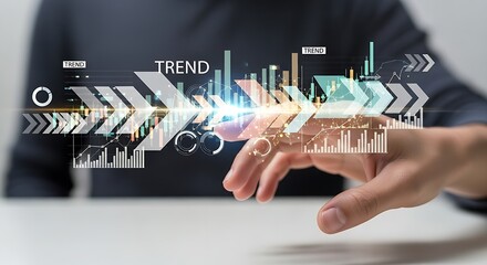 Fototapete - Person showing trend analysis with charts and arrows on a digital interface in a modern setting