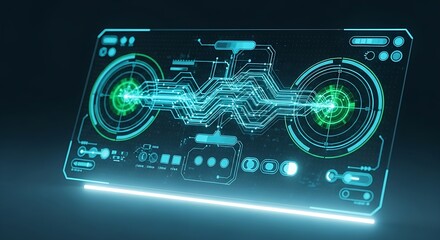 Poster - futuristic interface with glowing blue lines and circular displays on a dark background showing tech