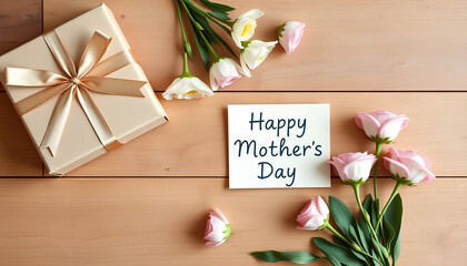  Flat lay of gift box, flowers, and handmade card reading ‘Happy Mother’s Day’ on wooden table. Soft light and pastel tones 2