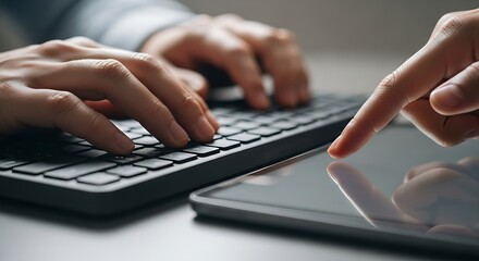 Poster - Close up of hands typing on a keyboard and touching a tablet screen for digital interaction