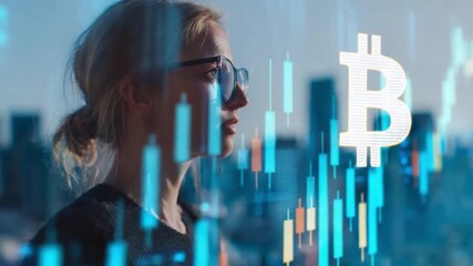 Poster - Financial Visionary: A woman with glasses gazing into the future, alongside a dynamic Bitcoin chart, representing innovation, growth, and the power of digital finance.