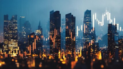 Poster - Cityscape with Financial Graphs: A captivating cityscape with the digital overlay of stock market charts, reflecting financial growth and urban dynamism.