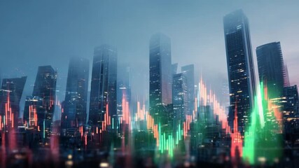 Poster - Urban Skyline with Financial Data: A city skyline is overlaid with vibrant financial data, symbolizing economic trends and the pulse of the market in a modern metropolis.