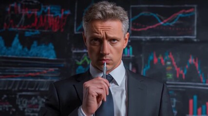 Poster - Introspective Analysis: A focused executive, pen in hand, confronts complex data displayed on a dark chalkboard, symbolizing strategic thinking and decision-making