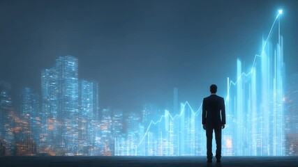 Poster - Visionary's Gaze: A silhouetted businessperson surveys a vibrant, glowing stock chart ascending over a cityscape, symbolizing financial growth, innovation, and future prosperity.