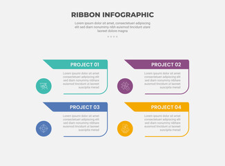 Aufkleber - ribbon base shape infographic outline style with 4 point template with open box and sharp arrow header badge with circle for slide presentation