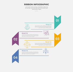 Aufkleber - ribbon base shape infographic outline style with 4 point template with vertical list opposite direction stacked list for slide presentation