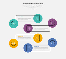 Aufkleber - ribbon base shape infographic outline style with 4 point template with creative box with simple line with circle badge on each side for slide presentation