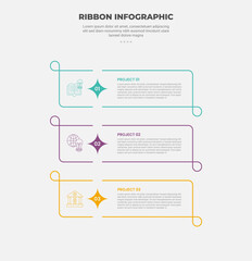 Aufkleber - ribbon base shape infographic outline style with 3 point template with creative box rectangle box with star blink badge for slide presentation