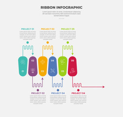 Aufkleber - ribbon base shape infographic outline style with 6 point template with capsule box up and down with jagged wave line arrow pointer for slide presentation