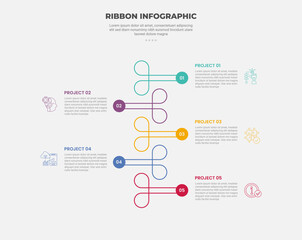 Aufkleber - ribbon base shape infographic outline style with 5 point template with flat ribbon with circle badge opposite direction for slide presentation
