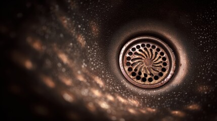 Poster - Artistic Close-Up of a Spiral Bathroom Drain in Dark Setting