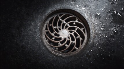 Poster - Artistic Shot of Spiral Bathroom Drain with Water Droplets