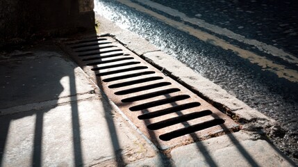 Poster - Drain Grate Casting Shadows on Paved Surface in Urban Setting