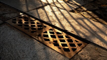 Poster - Drain Grate Casting Shadows on Pavement in Afternoon Light