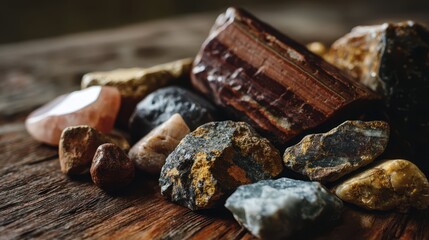 Poster - Earthy Toned Rocks and Minerals on Rustic Wooden Table