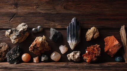 Poster - Earthy Toned Rocks and Minerals on Rustic Wooden Table Surface
