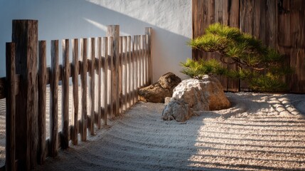 Poster - Minimalist Zen Garden with Wooden Fence and Natural Elements