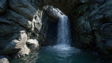 Poster - Hidden Cave Waterfall Flowing into Serene Pool of Tranquil Water