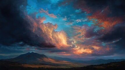 Poster - Dramatic Oil Painting of Vivid Sky Over Majestic Mountain Landscape