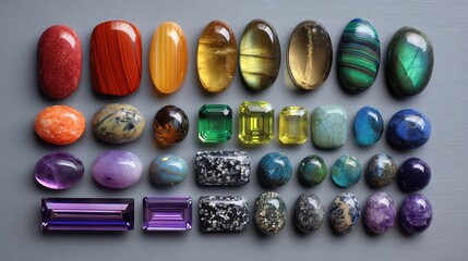 Poster - Polished Gemstones Arranged by Color Displaying Unique Patterns and Hues