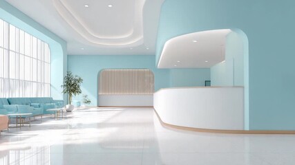 Poster - Serene Modern Interior: A bright, modern interior featuring a clean, minimalist design with a spacious waiting area and reception desk. The soft blue tones create a calming atmosphere.