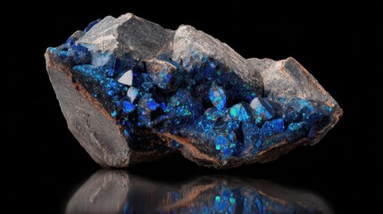 Poster - Rare Blue Mineral Stone on Black Background for Stock Photo Use