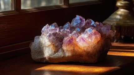 Poster - Radiant Amethyst Cluster Glowing in Sunlight on Wooden Surface
