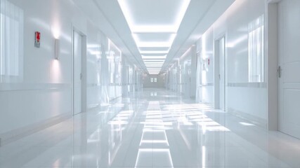 Poster - Symmetry of corridor: Captivating perspective of a pristine, brightly illuminated hospital corridor, marked by a clean, modern aesthetic and a serene atmosphere.