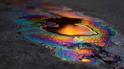 Poster - Shimmering Oil Puddle on Asphalt with Rainbow Colors Reflections