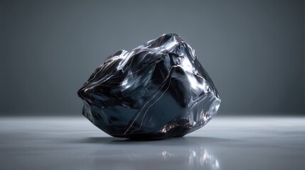 Poster - Shiny Obsidian Rock with Reflective Surface on a Minimalist Background