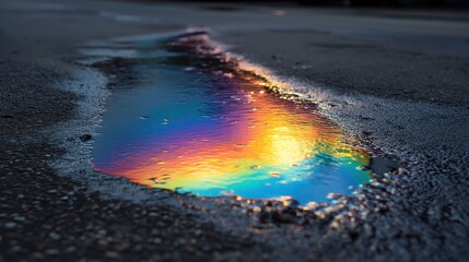 Poster - Shimmering Oil Puddle on Asphalt with Rainbow Colors Reflection