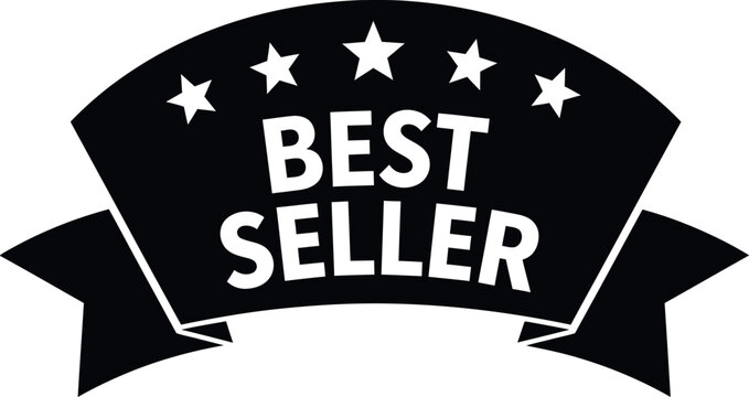 A black best seller banner with five stars and ribbon tails isolated on a white background design