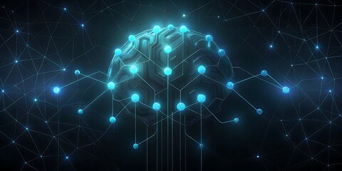 Fototapete - Glowing blue digital brain with interconnected nodes and lines against a dark starry background.