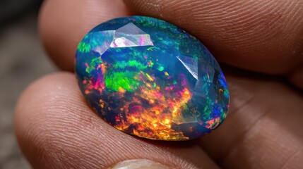 Poster - Vibrant Opal Gemstone Displaying Rich Play of Color in Hand
