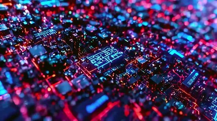 Circuit board close-up with glowing digital network