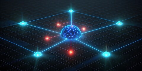 Fototapete - Glowing digital brain connected by blue lines and red lights to a grid in a dark futuristic setting.