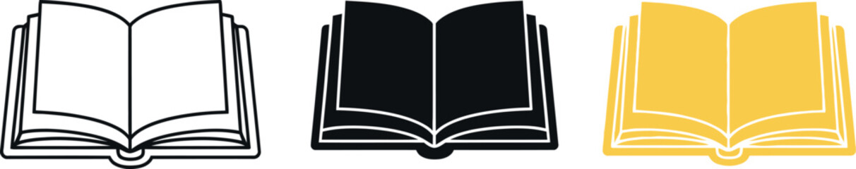 Three open book icons in line art, solid black, and solid yellow on a white background illustration